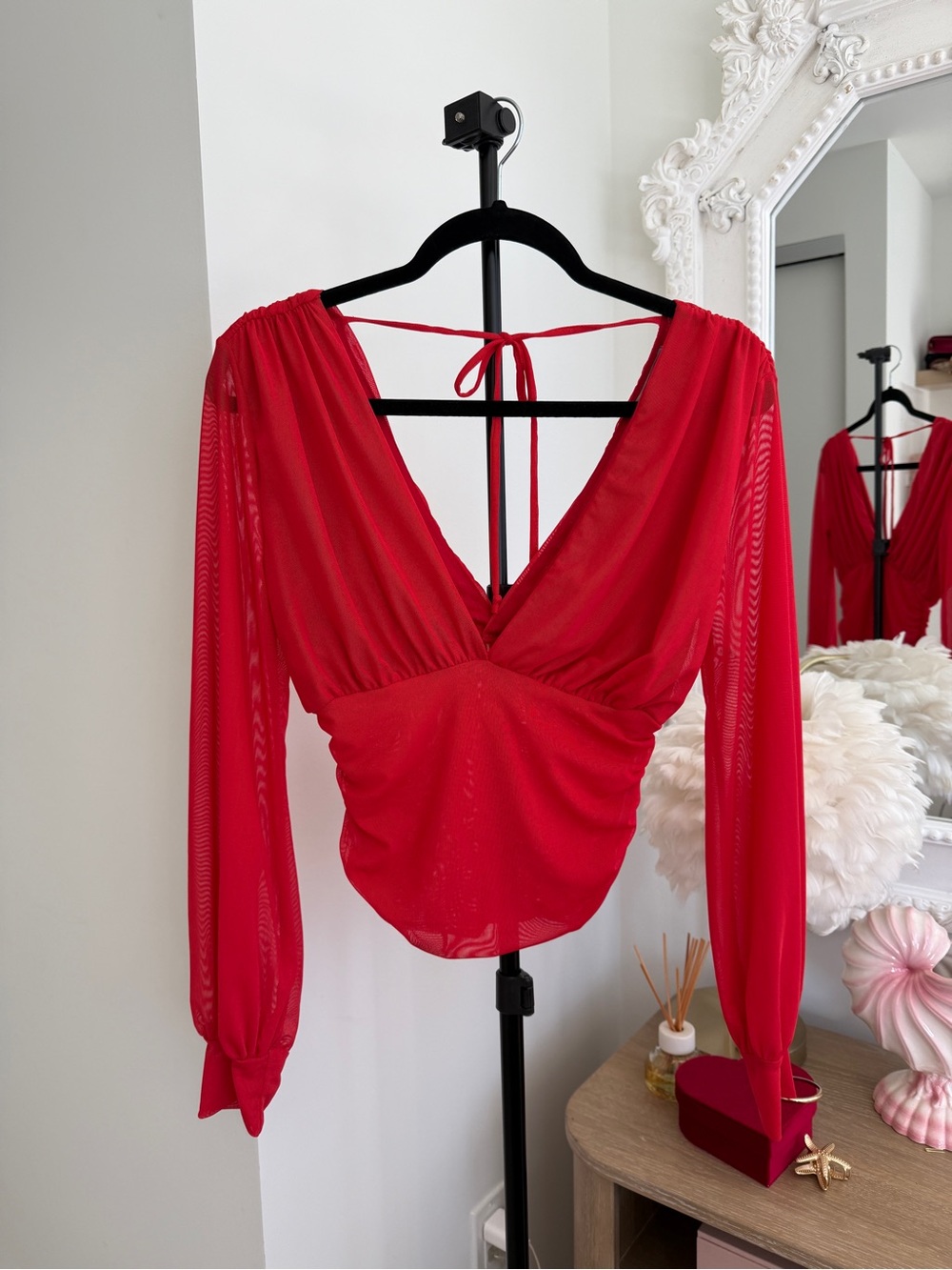 3 for $50 - Red Sheer V-Neck Ruched Long Sleeve Blouse - Charlotte Russe